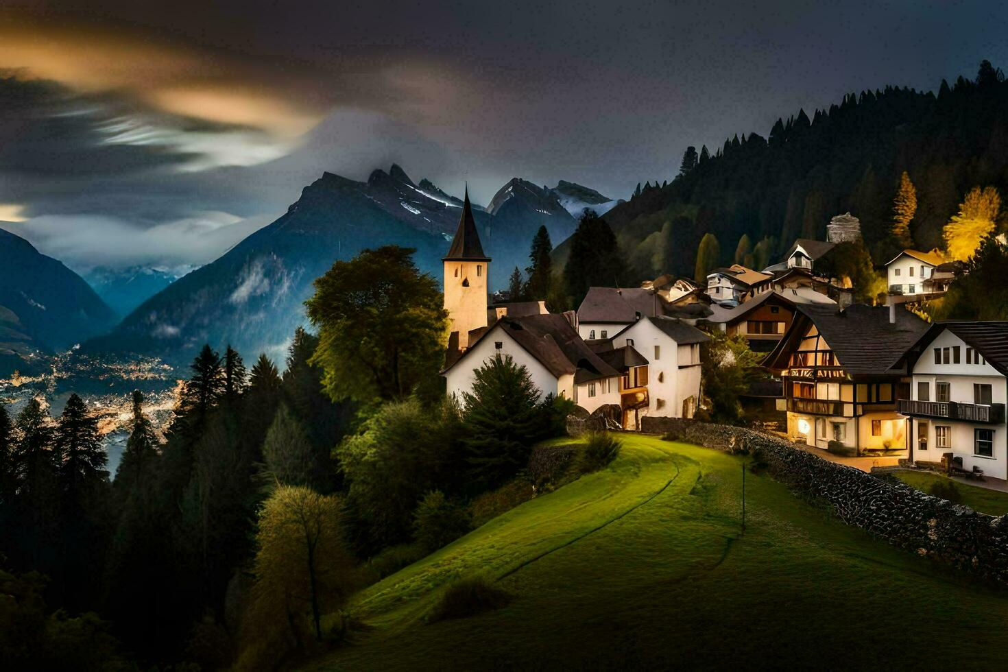 foto sfondo il cielo, montagne, nuvole, notte, montagne, villaggio, Svizzera, al. ai-generato