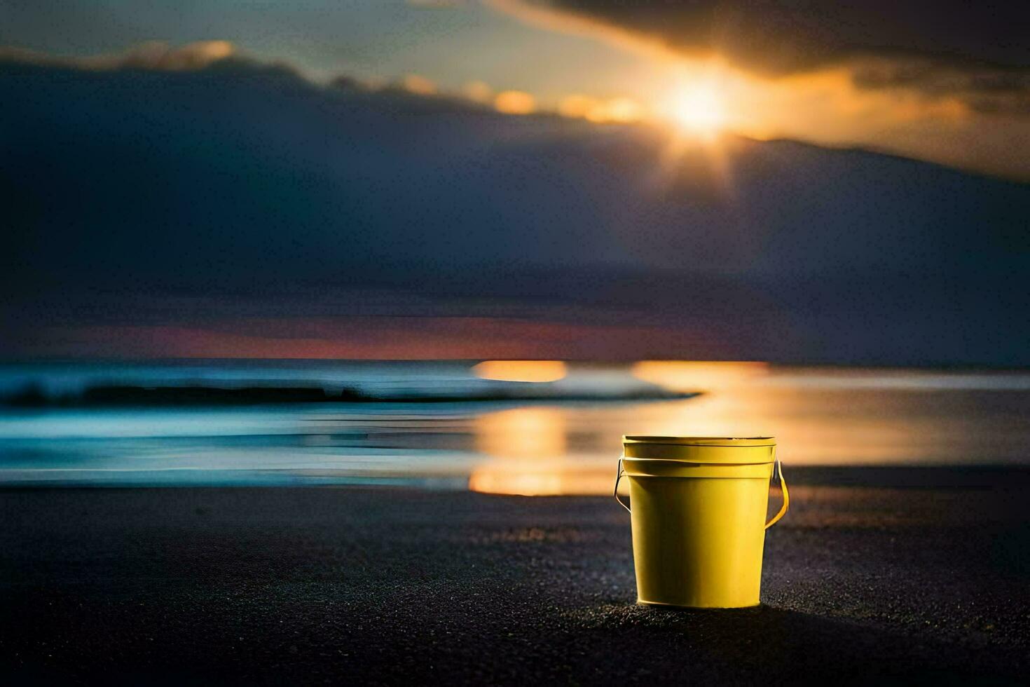 un' giallo secchio si siede su il spiaggia a tramonto. ai-generato foto