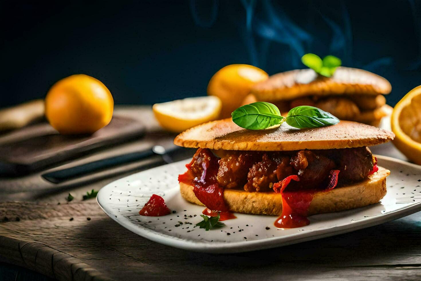 Due Polpette su un' piatto con limoni. ai-generato foto