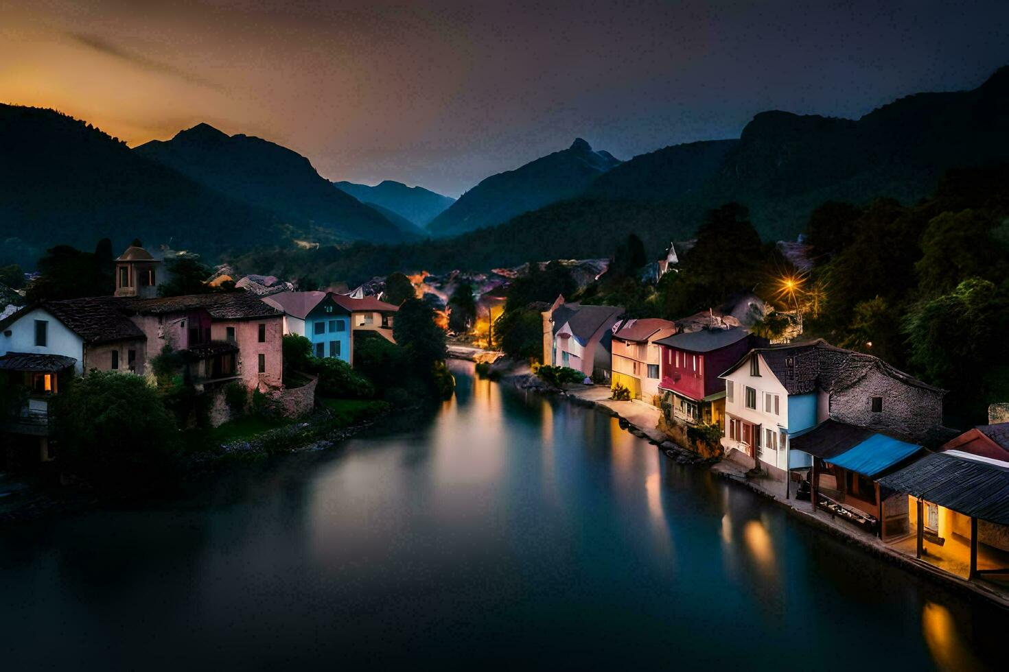 foto sfondo il cielo, montagne, fiume, case, notte, slovenia, Europa. ai-generato