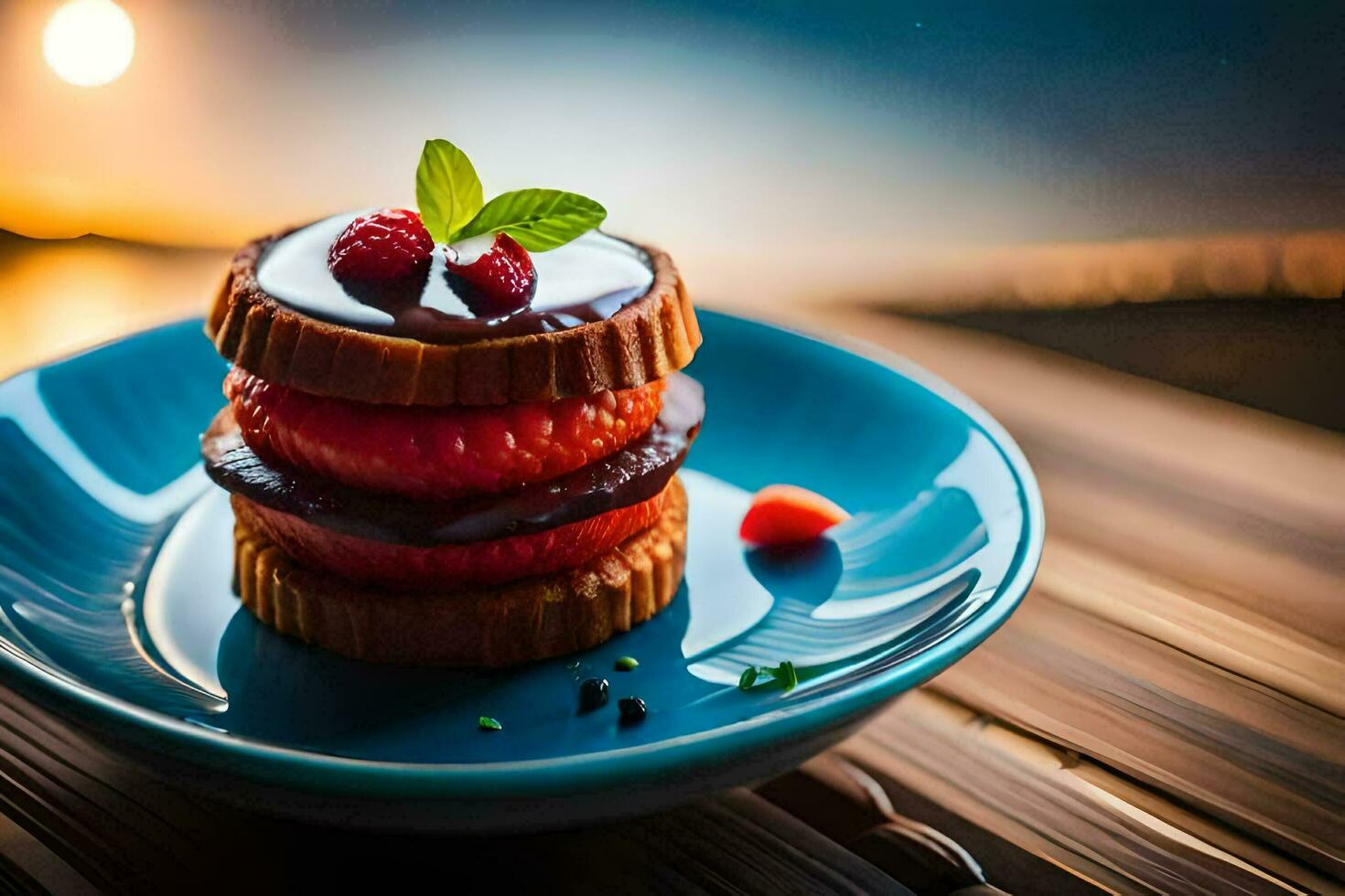 un' piatto con un' torta e frutti di bosco su esso. ai-generato foto