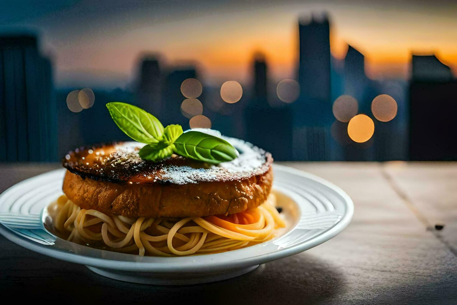 un' piatto di spaghetti e un' grigliato formaggio Sandwich su un' tavolo nel davanti di un' paesaggio urbano. ai-generato foto