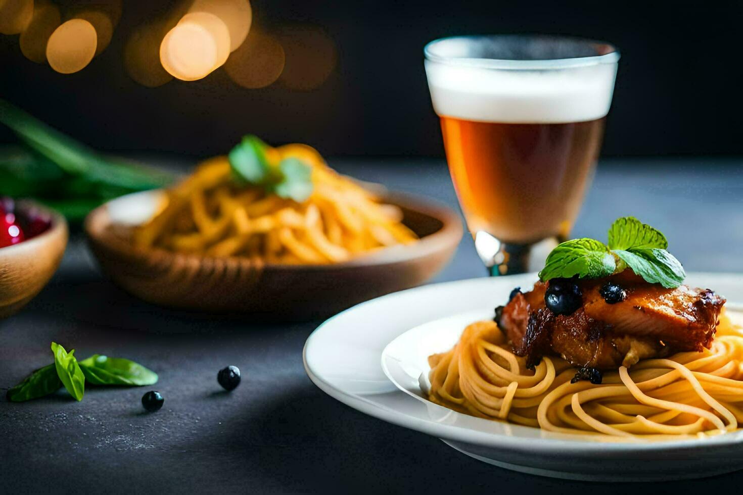 spaghetti con carne e birra su un' buio tavolo. ai-generato foto