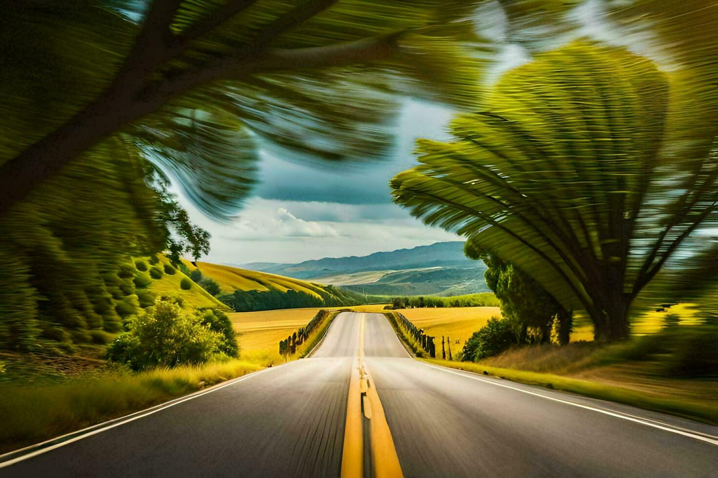 un' sfocato Immagine di un' strada con alberi e erba. ai-generato foto