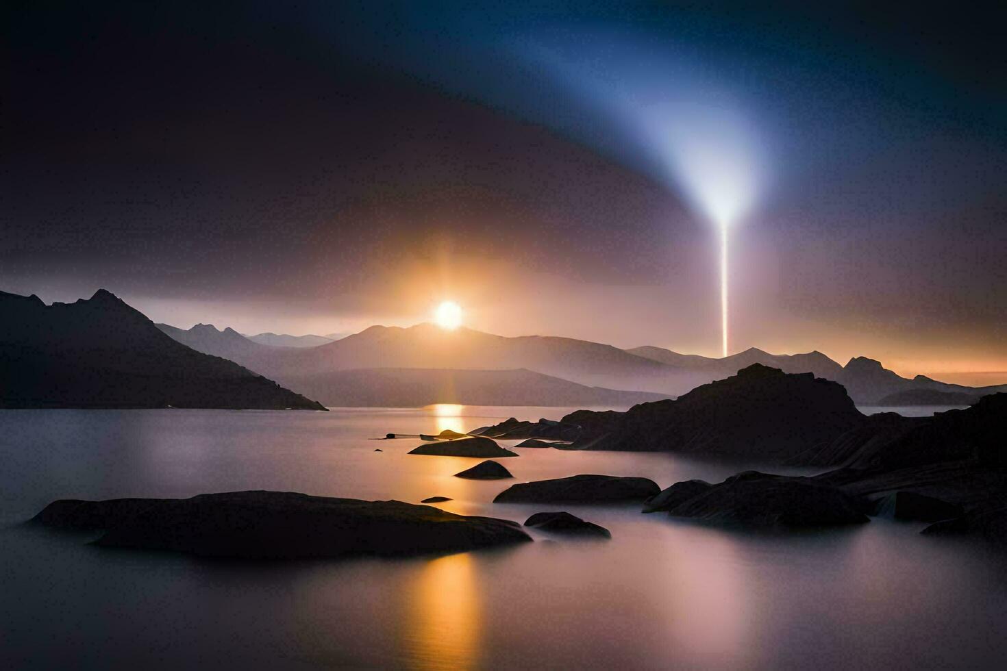 un' lungo esposizione fotografia di un' leggero splendente al di sopra di un' montagna gamma. ai-generato foto