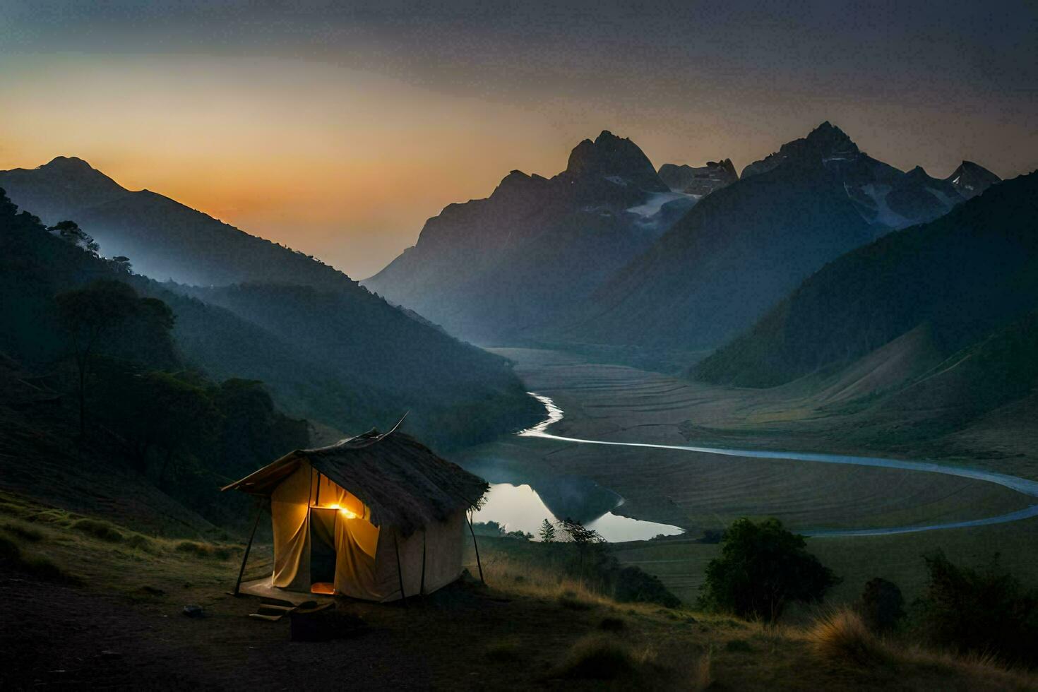 il sole imposta al di sopra di il montagne e fiume. ai-generato foto