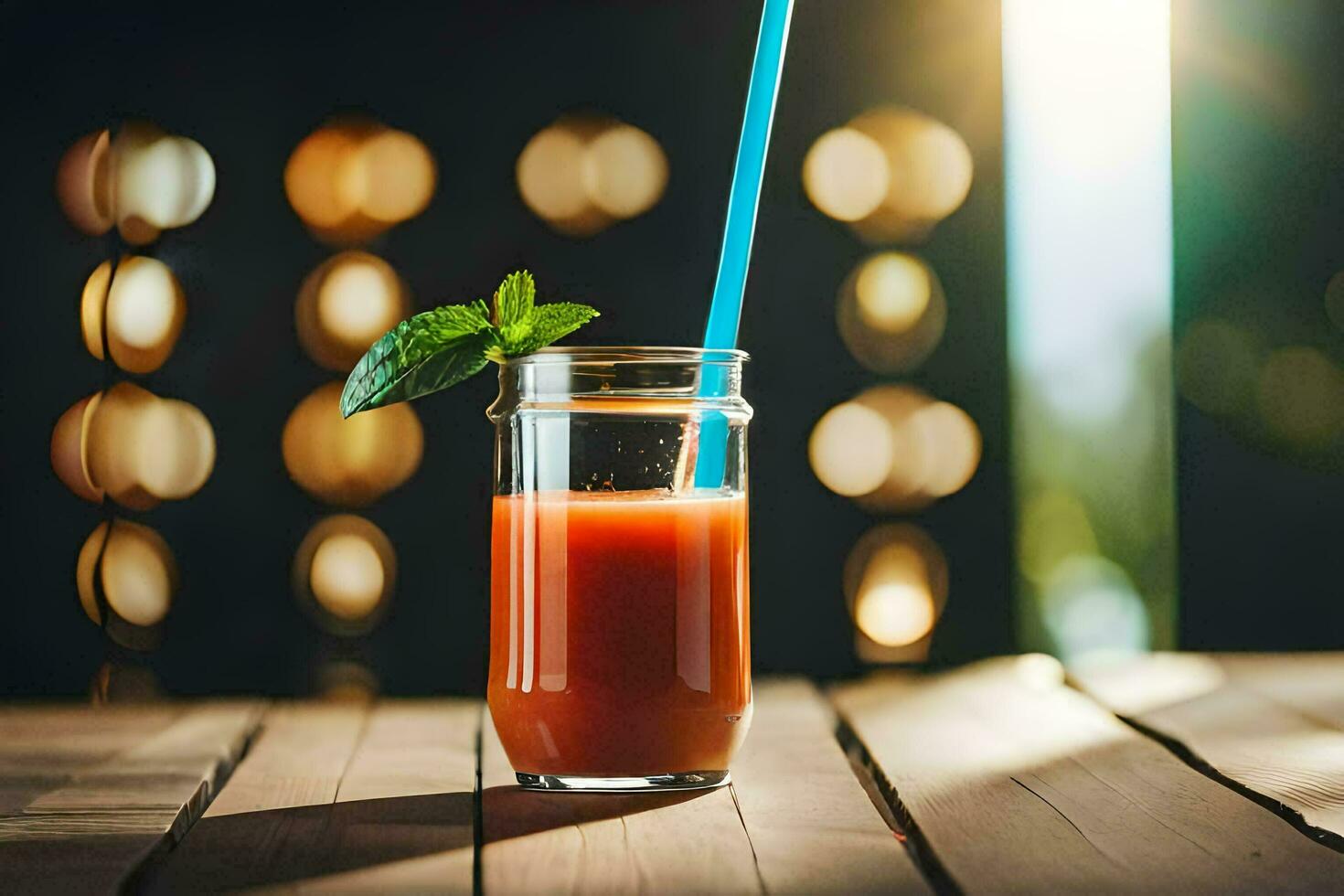 un' bicchiere di succo con un' blu cannuccia su un' di legno tavolo. ai-generato foto