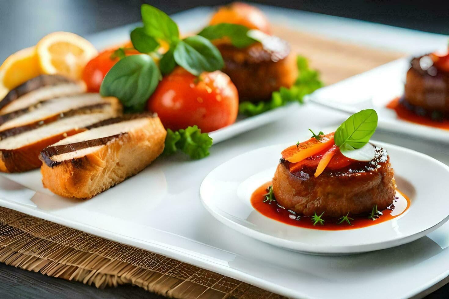 tre piccolo piatti con cibo su loro. ai-generato foto