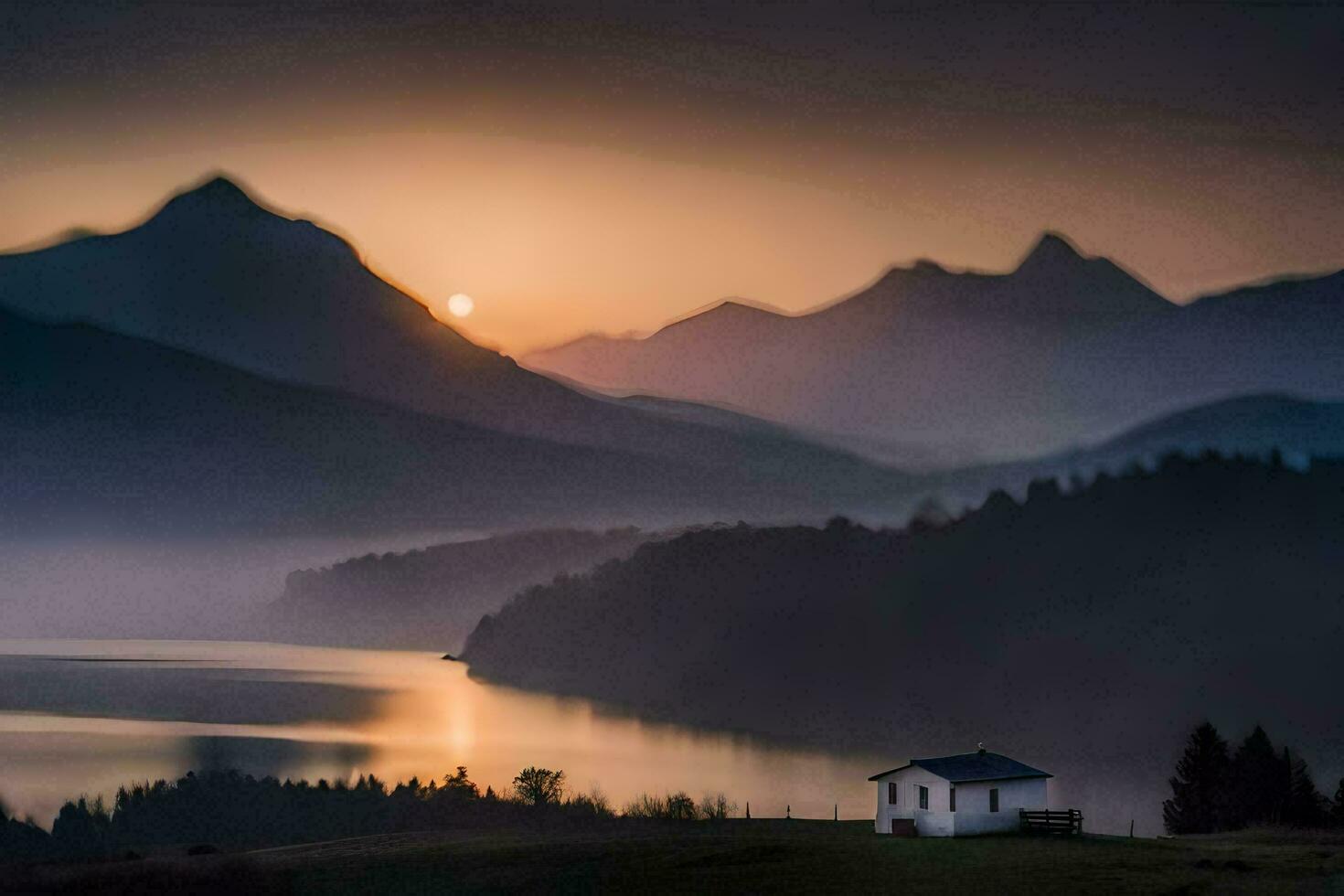 un' piccolo Casa si siede su il bordo di un' lago con montagne nel il sfondo. ai-generato foto