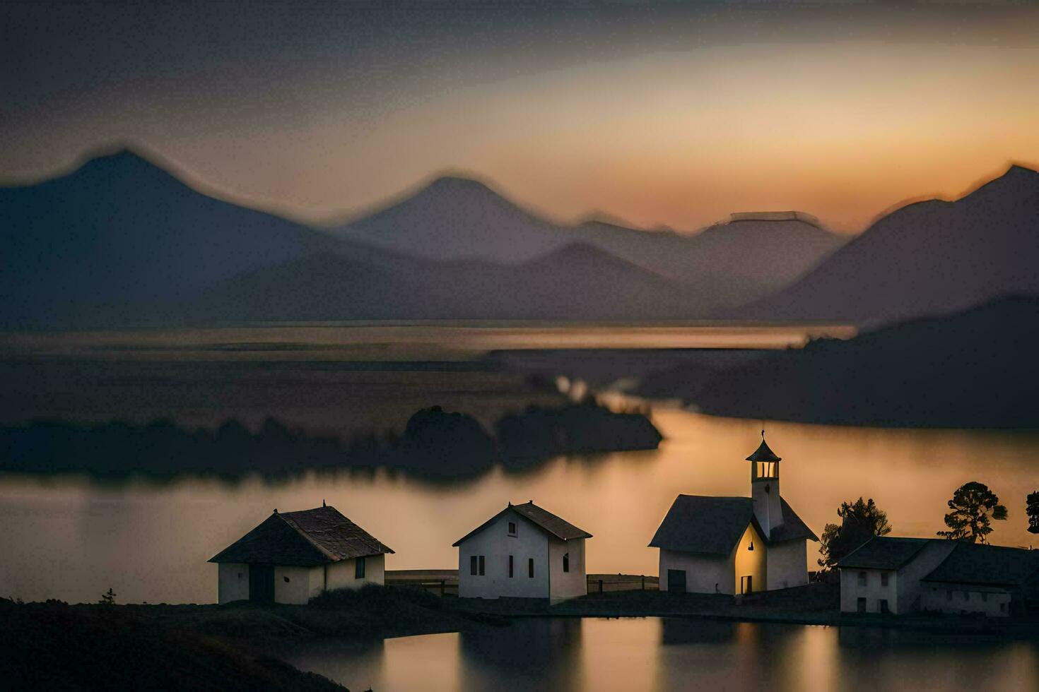 un' piccolo Chiesa si siede su il bordo di un' lago a tramonto. ai-generato foto