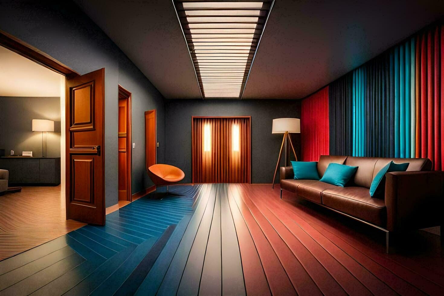 un' camera con un' di legno pavimento e rosso, blu e giallo a strisce muri. ai-generato foto