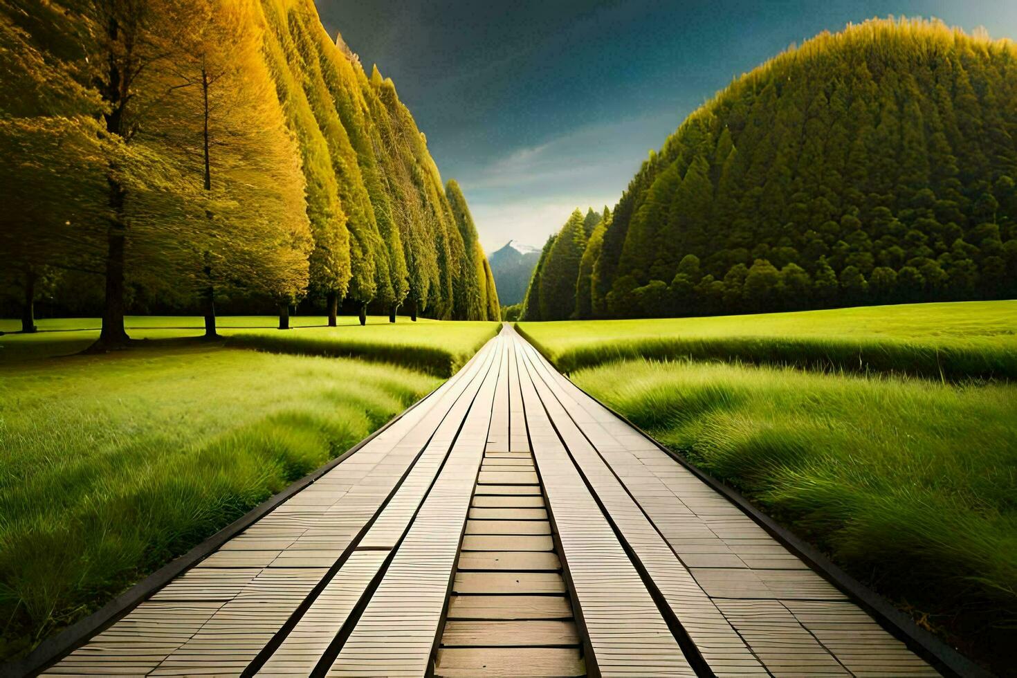 un' lungo di legno sentiero conduce per un' verde campo. ai-generato foto