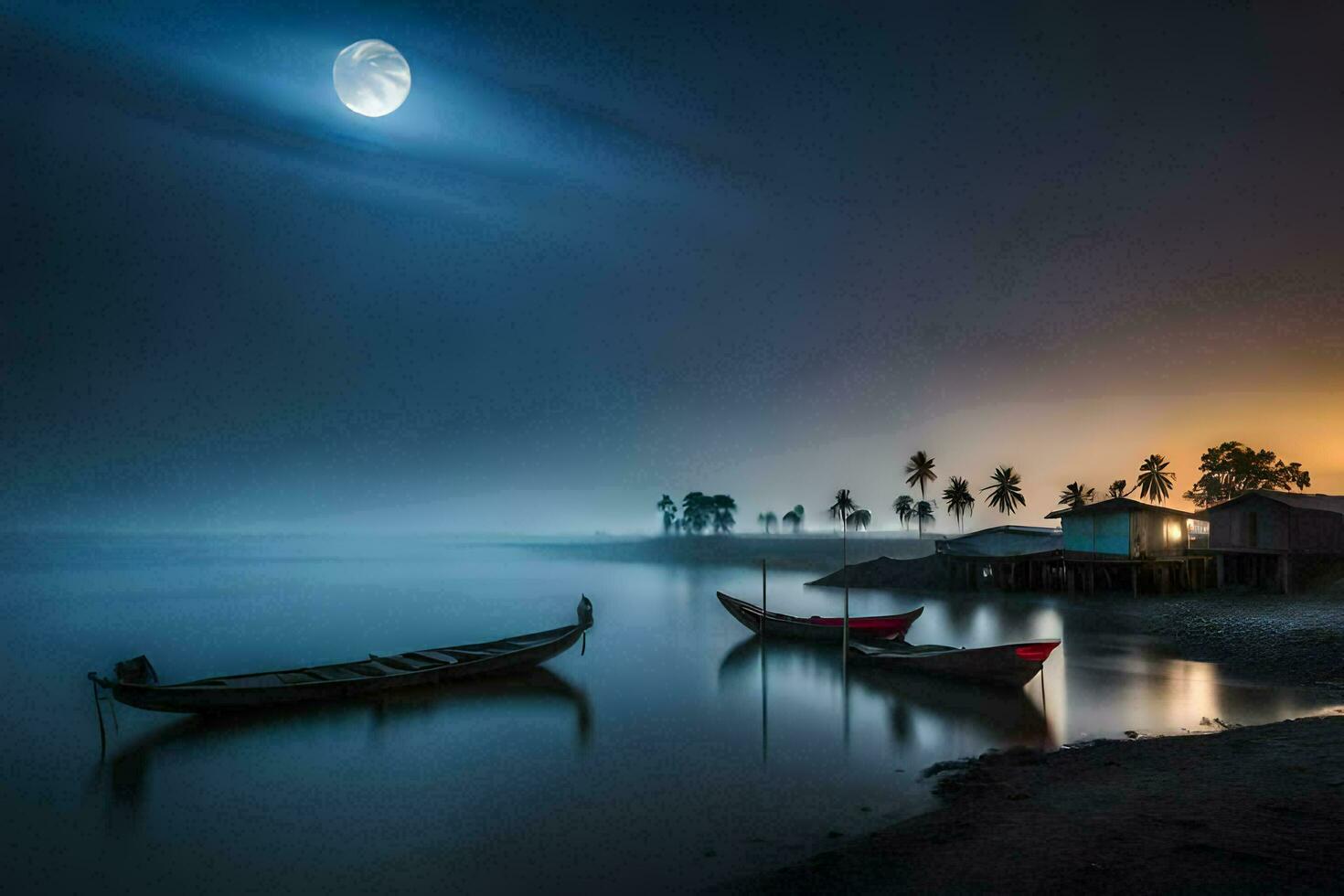 il Luna sorge al di sopra di il acqua e Barche nel il primo piano. ai-generato foto