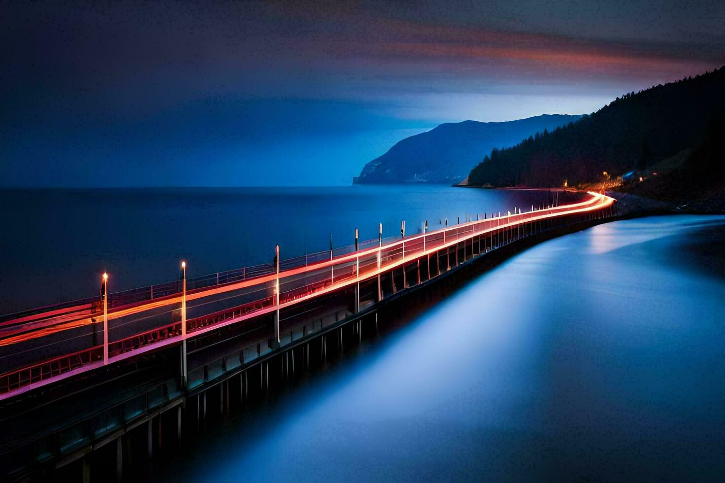 un' lungo esposizione foto di un' ponte al di sopra di il oceano. ai-generato