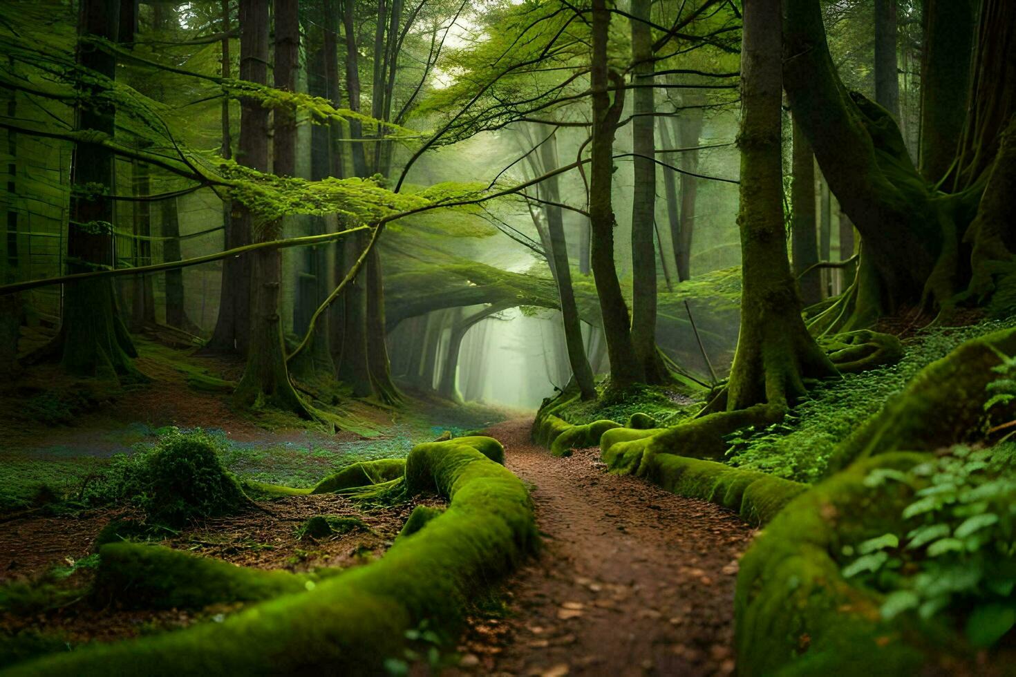 un' sentiero attraverso un' foresta con muschioso alberi. ai-generato foto