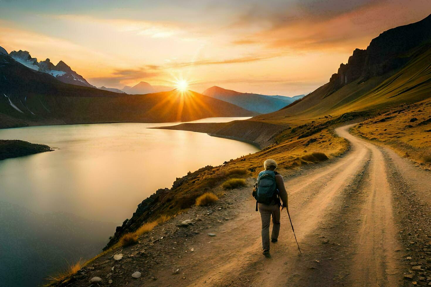 un' persona a piedi lungo un' sporco strada nel il montagne. ai-generato foto