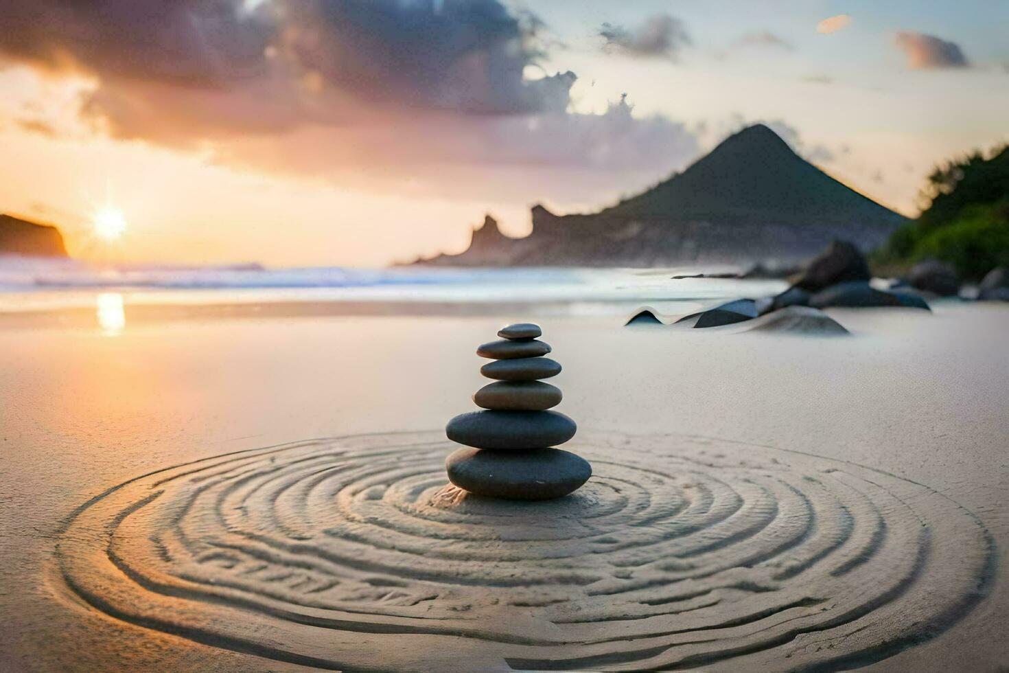 un' pila di pietre su il spiaggia a tramonto. ai-generato foto