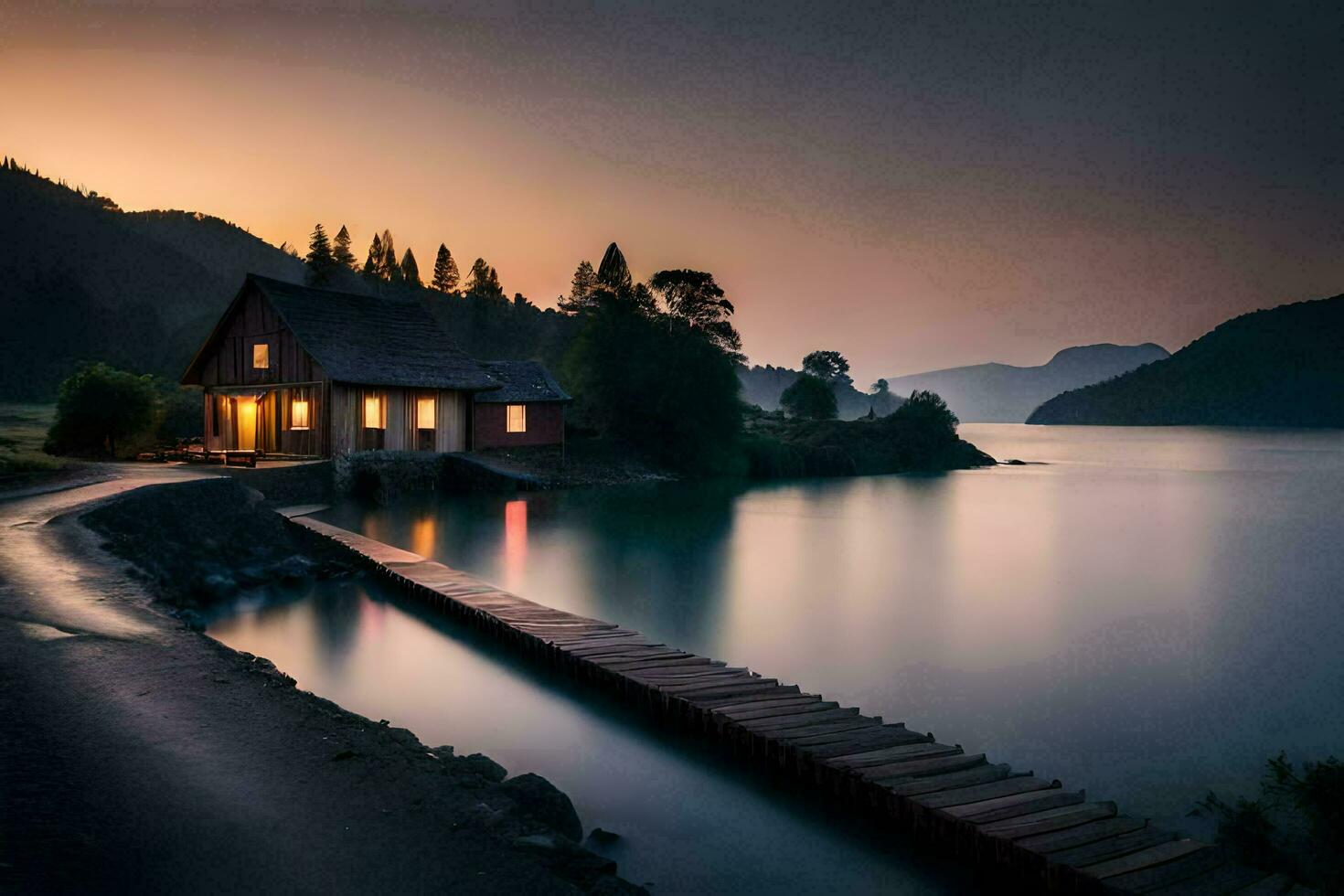 un' Casa si siede su il riva di un' lago a tramonto. ai-generato foto