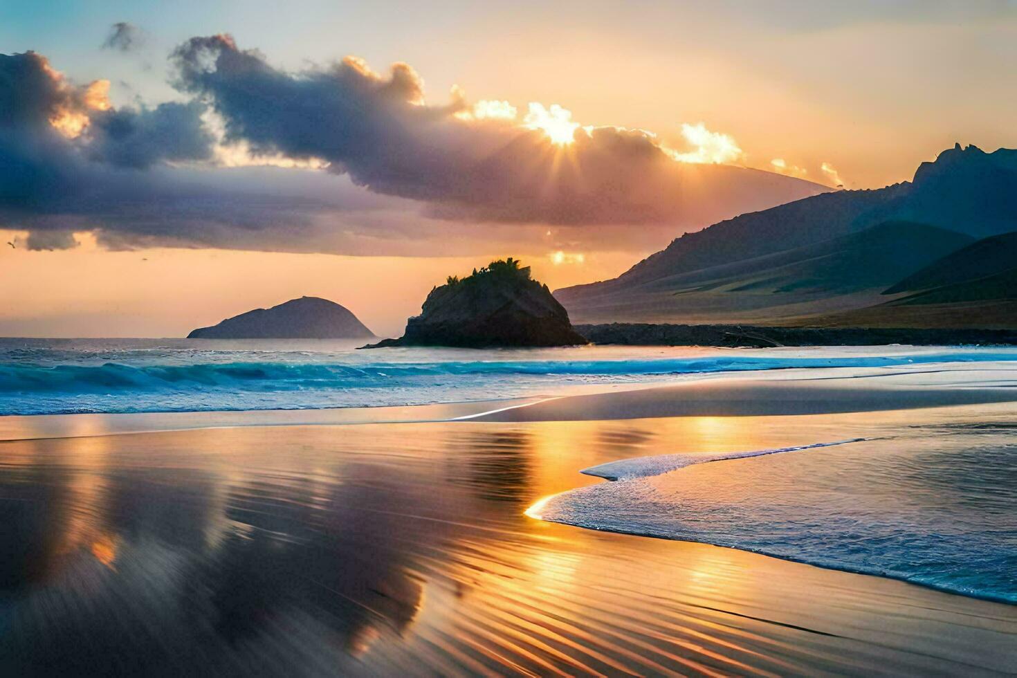 tramonto su il spiaggia, montagne, acqua, spiaggia, HD sfondo. ai-generato foto