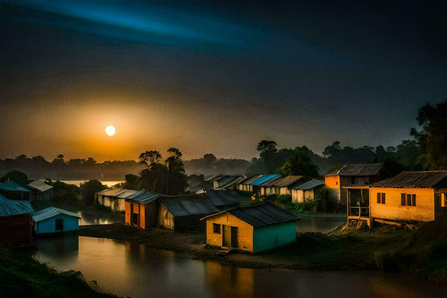 un' villaggio a tramonto con case su il acqua. ai-generato foto