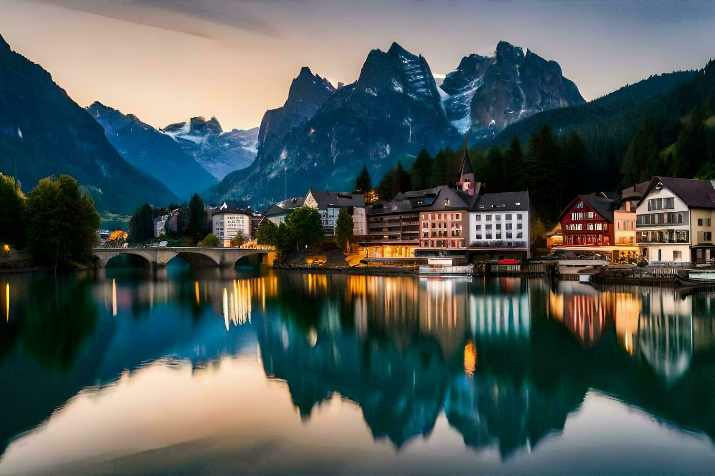 il bellissimo cittadina di alpbach nel il Alpi a crepuscolo. ai-generato foto