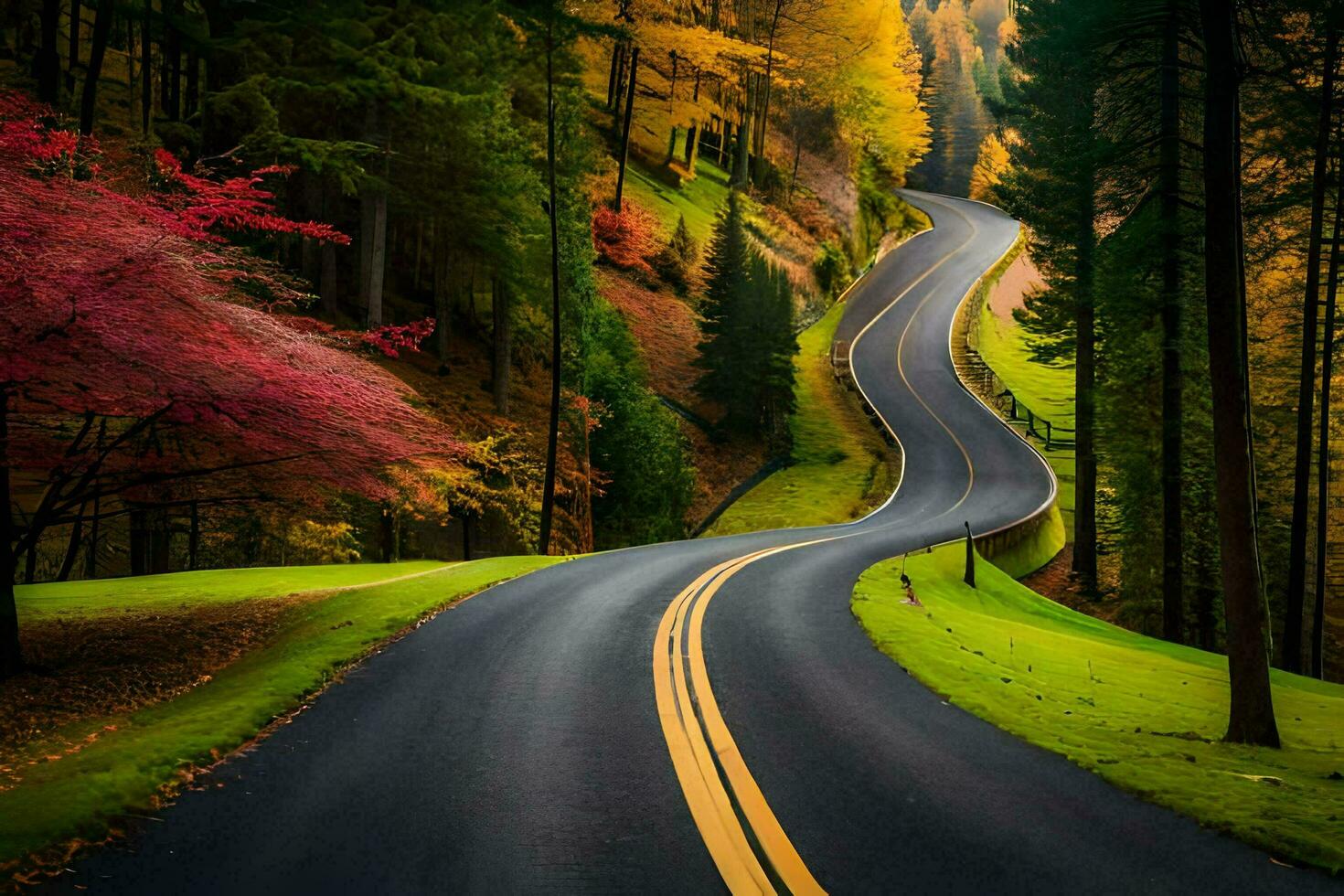 un' avvolgimento strada nel il autunno con alberi e colorato le foglie. ai-generato foto