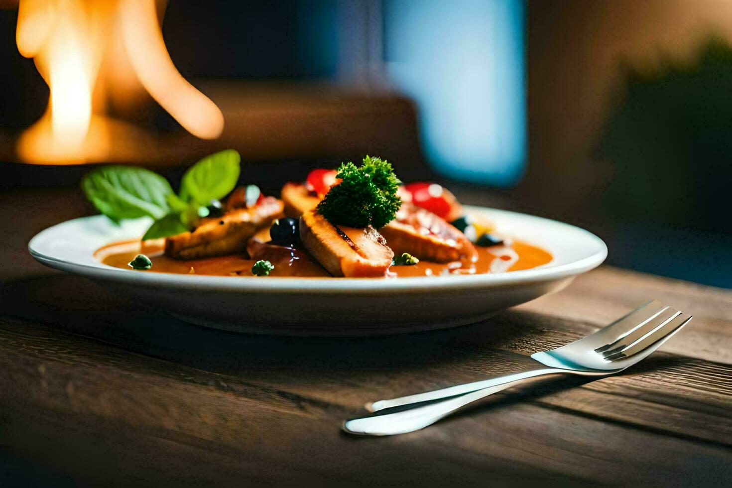 un' piatto di cibo con verdure e carne su un' tavolo. ai-generato foto