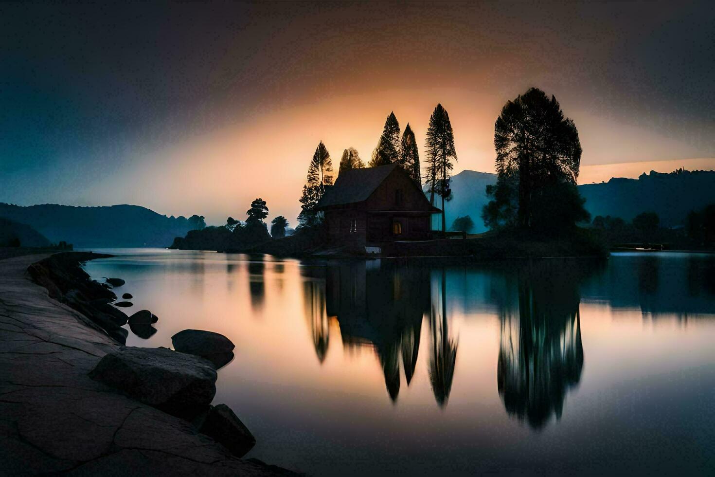 un' Casa si siede su il riva di un' lago a tramonto. ai-generato foto