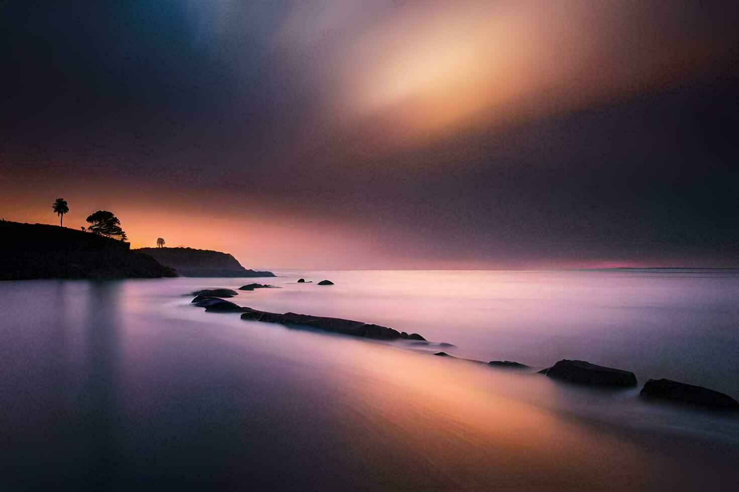 un' lungo esposizione fotografia di il oceano a tramonto. ai-generato foto