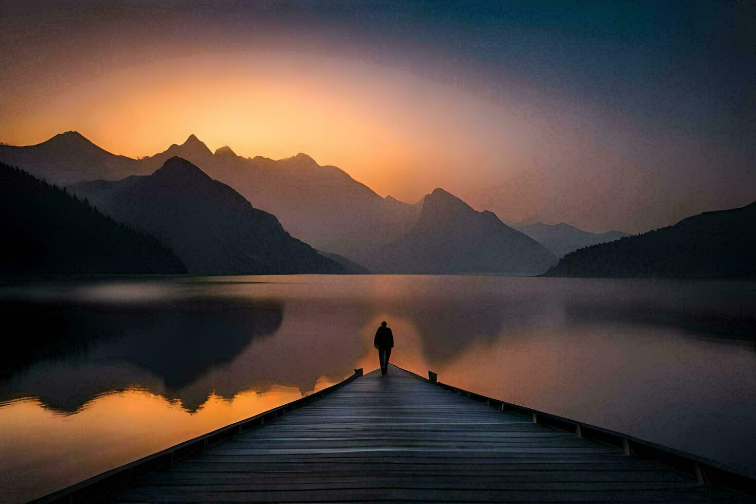 un' persona in piedi su un' bacino guardare a il sole ambientazione al di sopra di un' lago. ai-generato foto