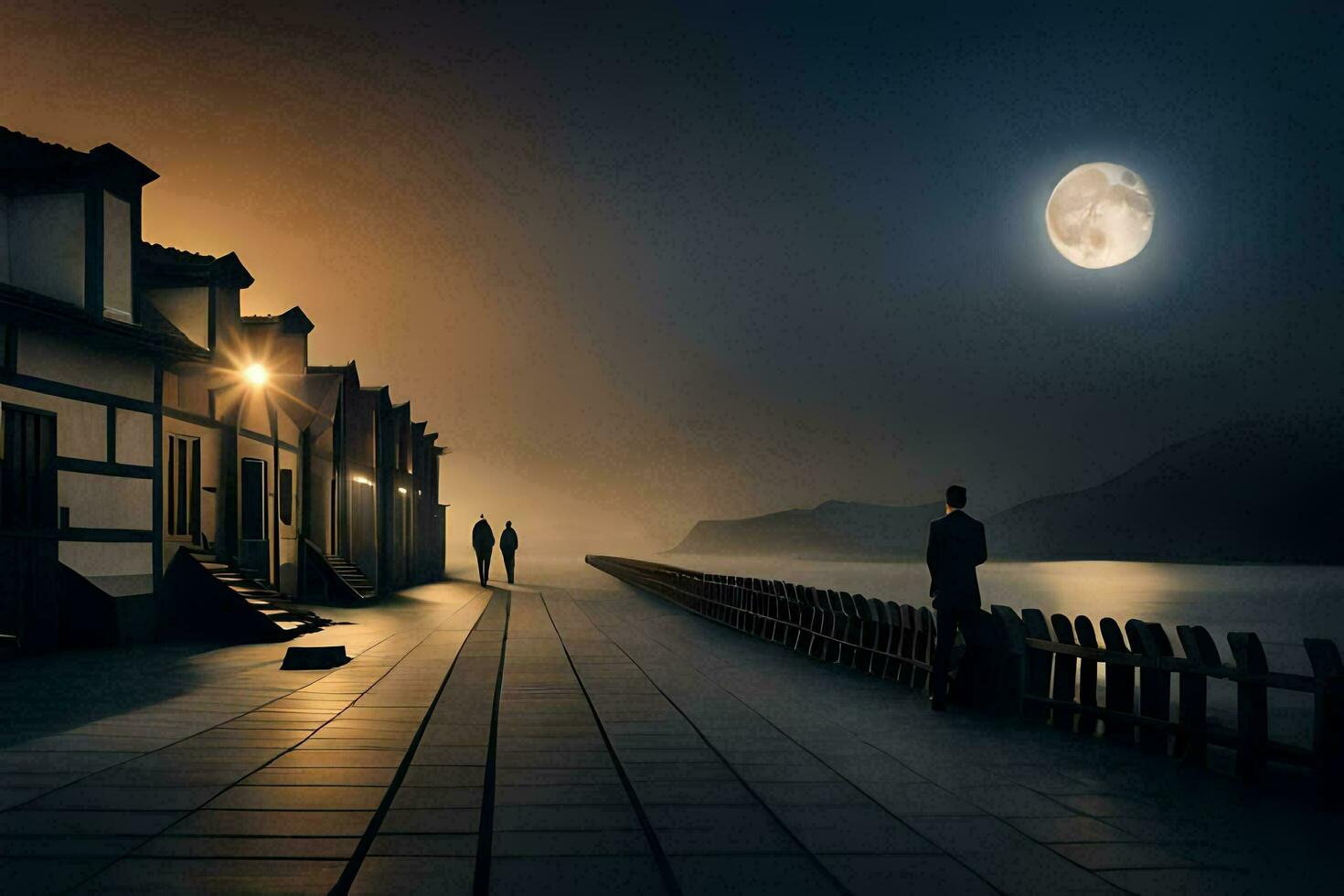 un' uomo passeggiate lungo un' molo a notte con un' pieno Luna. ai-generato foto