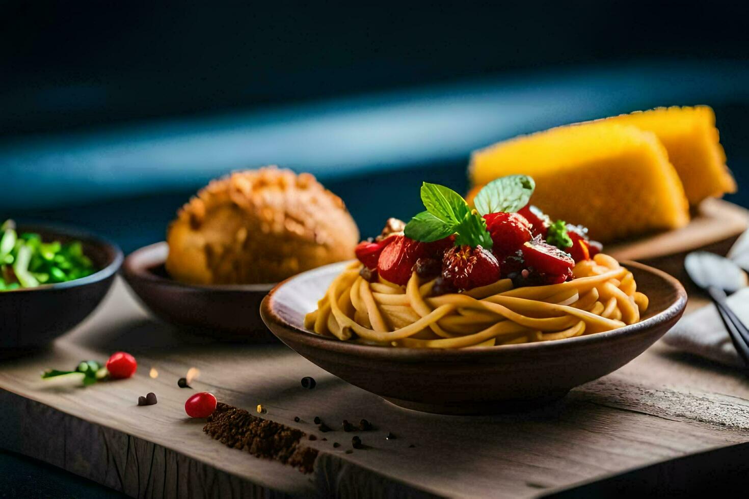 spaghetti con pomodoro salsa e pane su un' di legno tavola. ai-generato foto