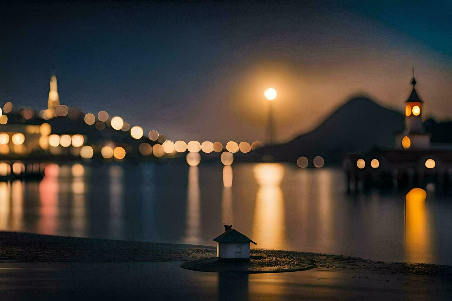 un' piccolo Casa si siede su il riva di un' lago a notte. ai-generato foto