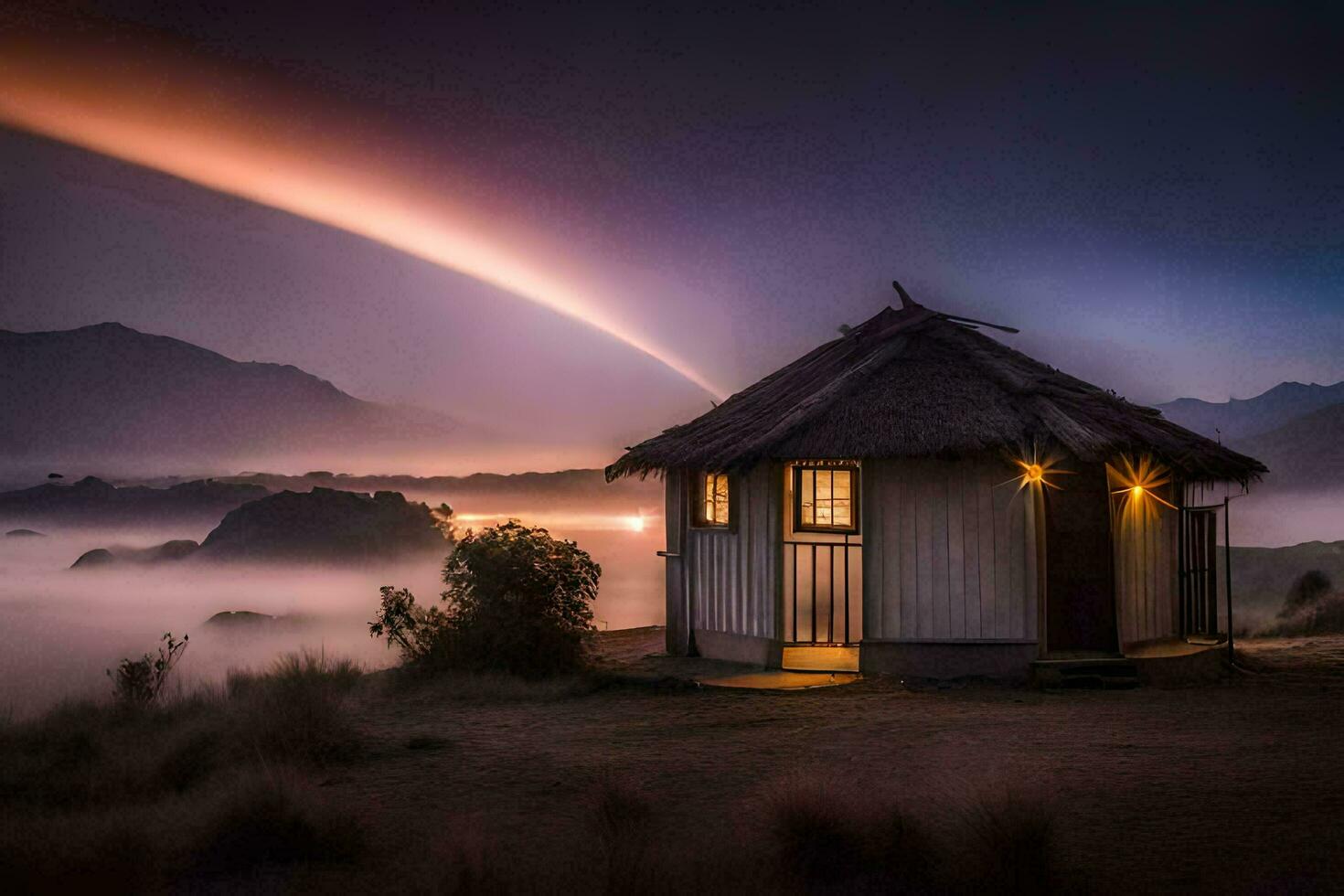 un' piccolo capanna si siede nel il mezzo di un' nebbioso notte. ai-generato foto