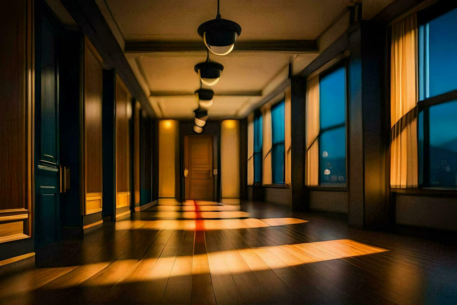 un' lungo corridoio con leggero splendente attraverso il finestre. ai-generato foto