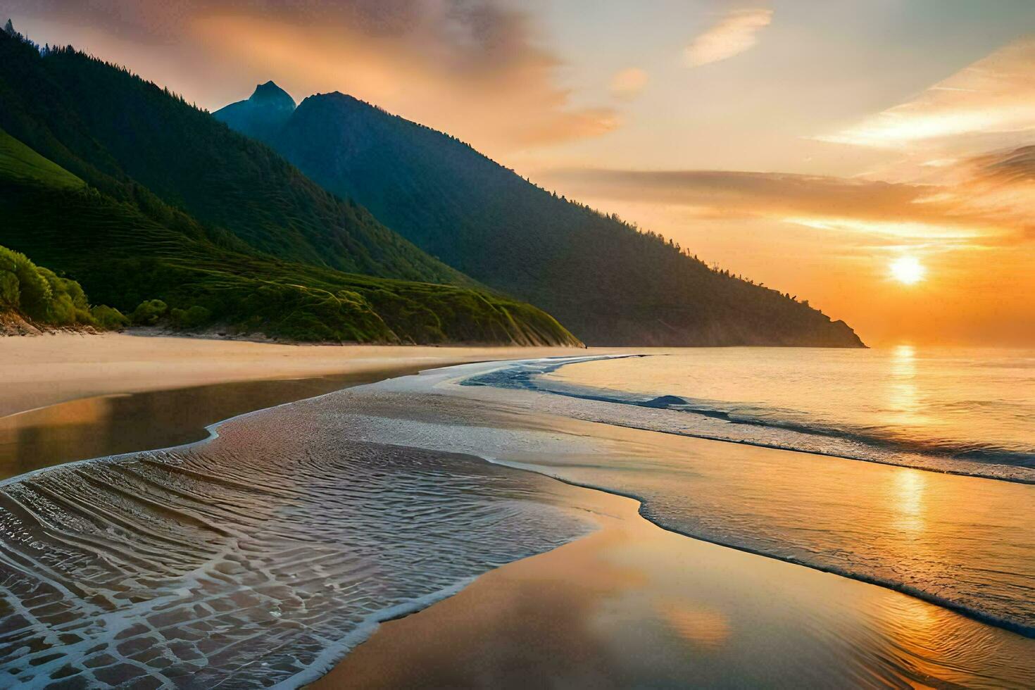 il sole imposta su il spiaggia e montagne nel il sfondo. ai-generato foto