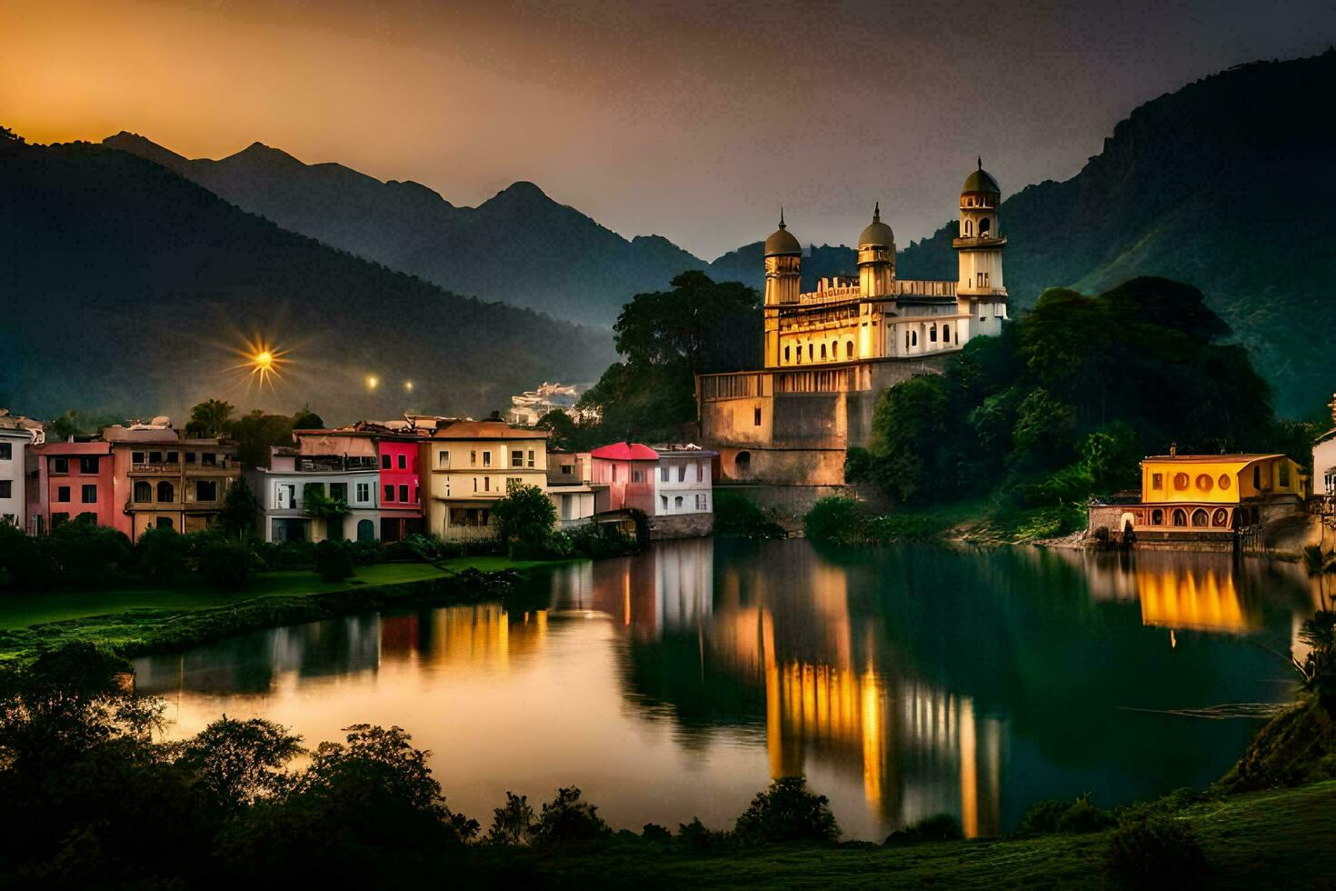 foto sfondo il cielo, montagne, lago, tramonto, il città, il lago, il città. ai-generato