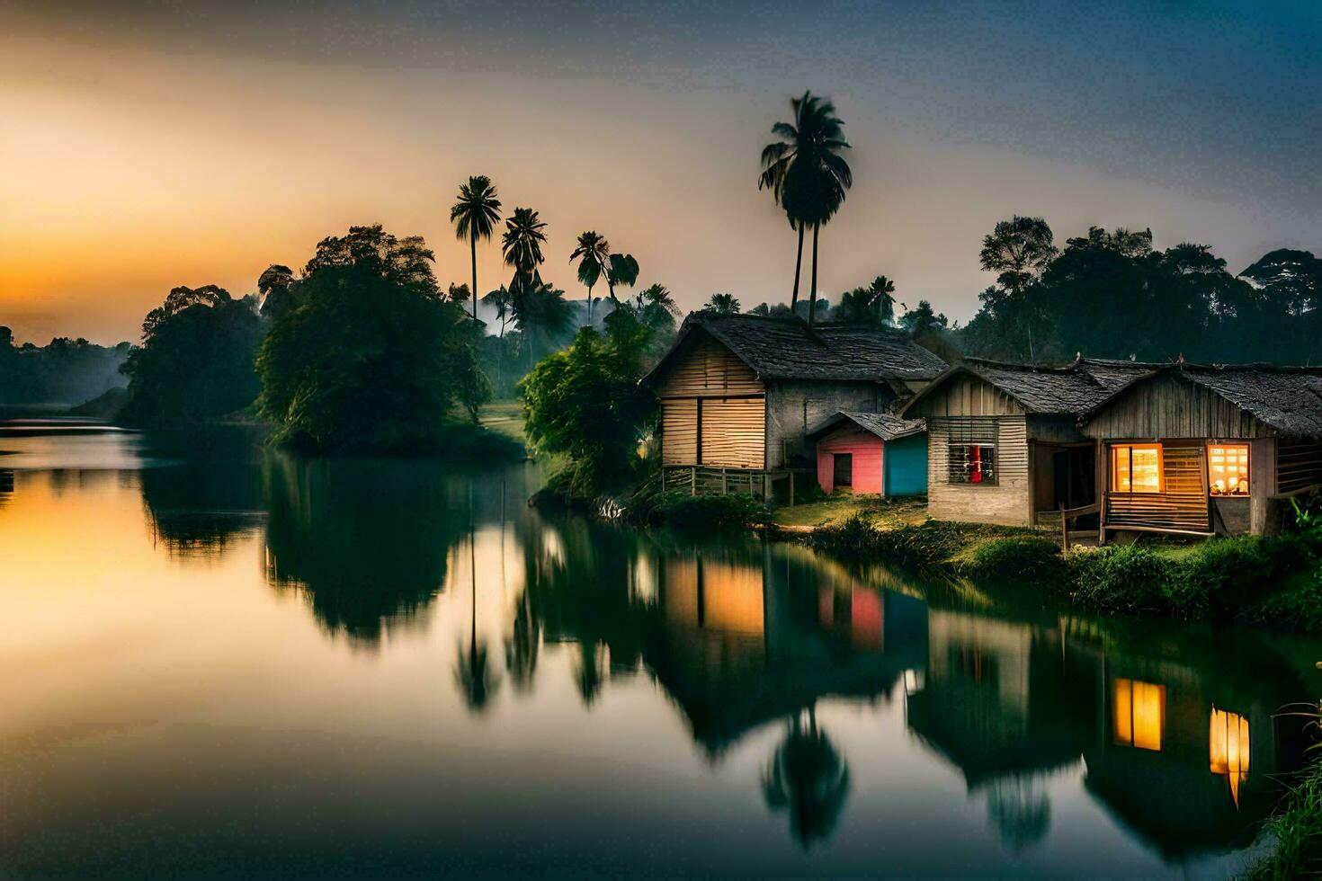 foto sfondo il cielo, acqua, Casa, il villaggio, il fiume, il tramonto, il. ai-generato