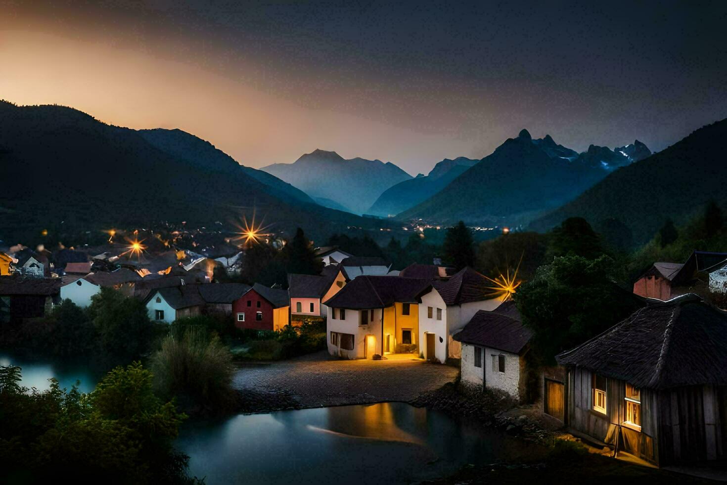 un' villaggio a crepuscolo con montagne nel il sfondo. ai-generato foto