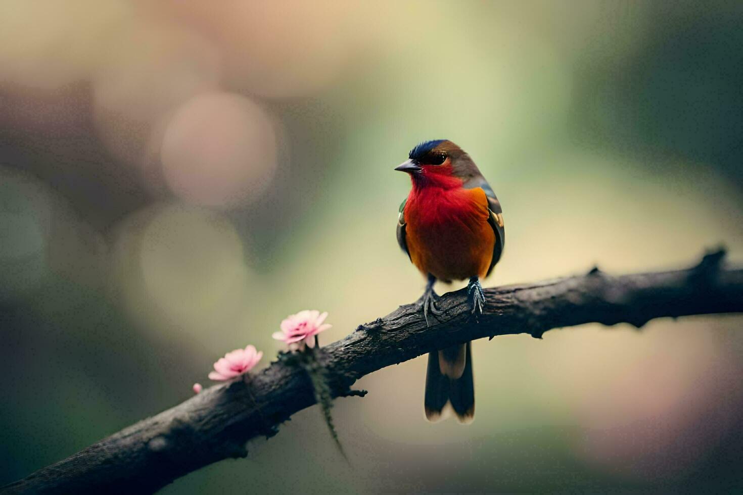 un' colorato uccello si siede su un' ramo con rosa fiori. ai-generato foto