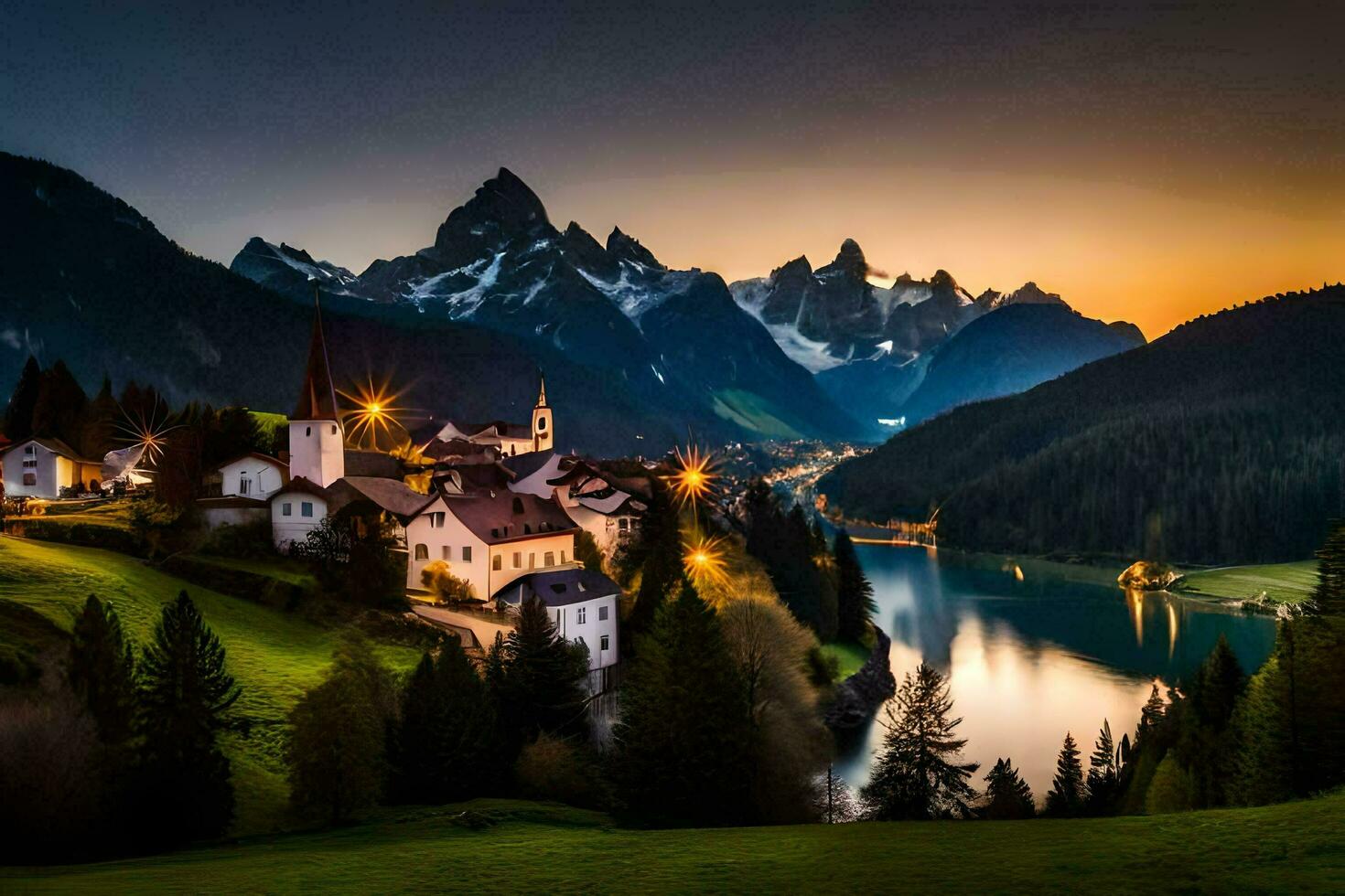 foto sfondo il cielo, montagne, lago, villaggio, tramonto, il Alpi, Austria. ai-generato
