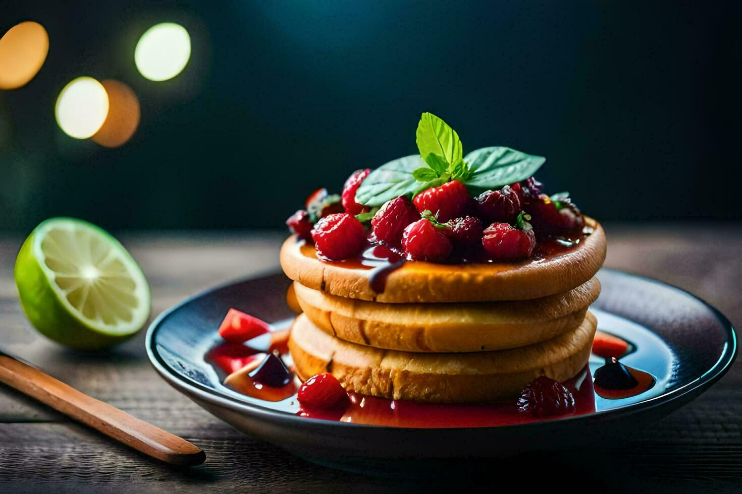 pila di Pancakes con frutti di bosco e lime su un' piatto. ai-generato foto