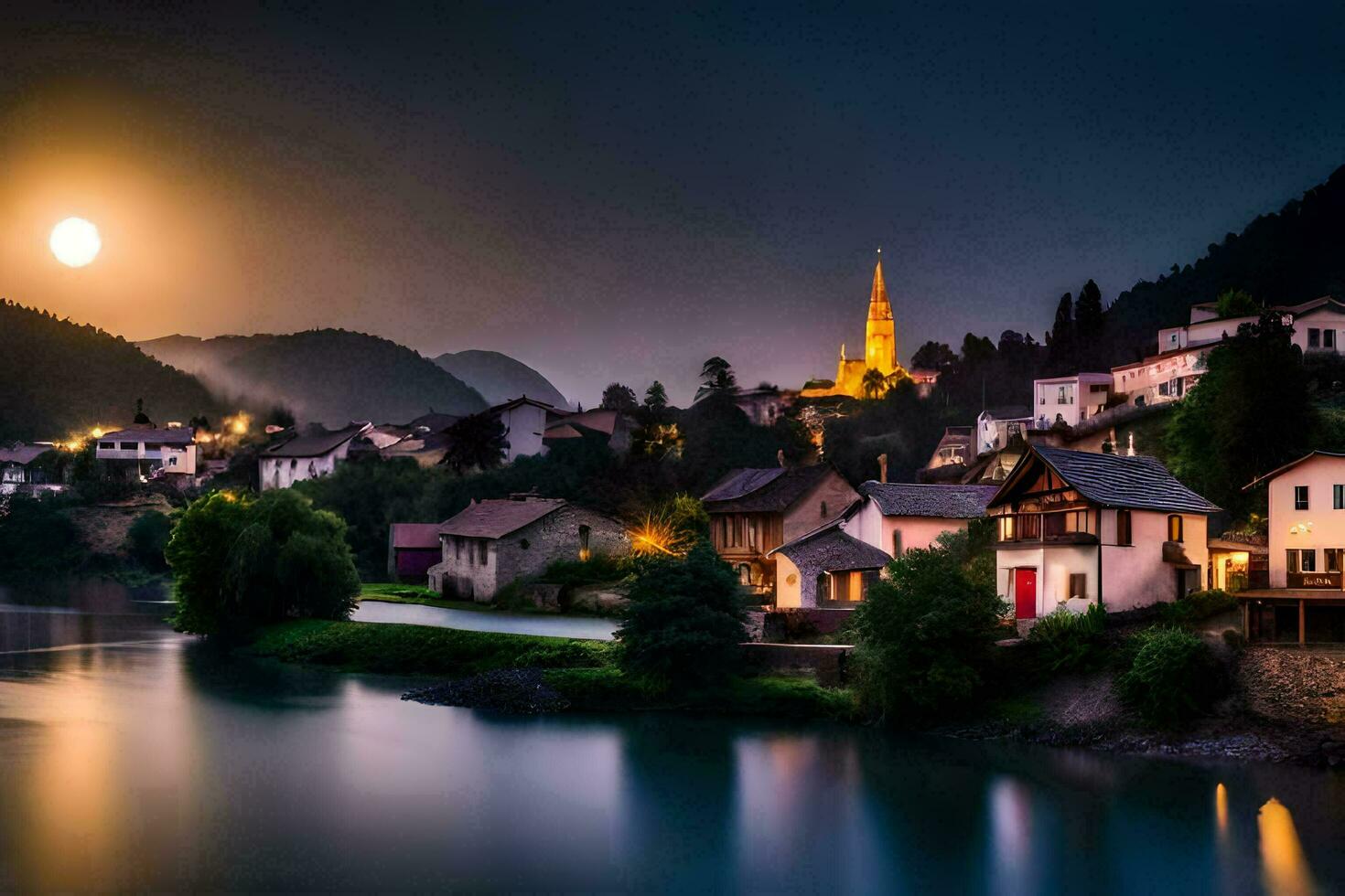 foto sfondo il cielo, Luna, acqua, montagne, fiume, villaggio, notte, luna,. ai-generato