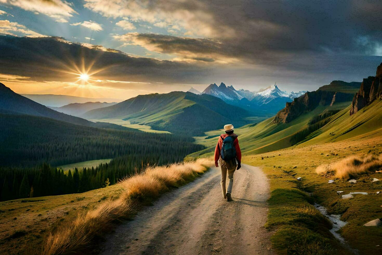 un' persona a piedi su un' sporco strada nel il montagne. ai-generato foto