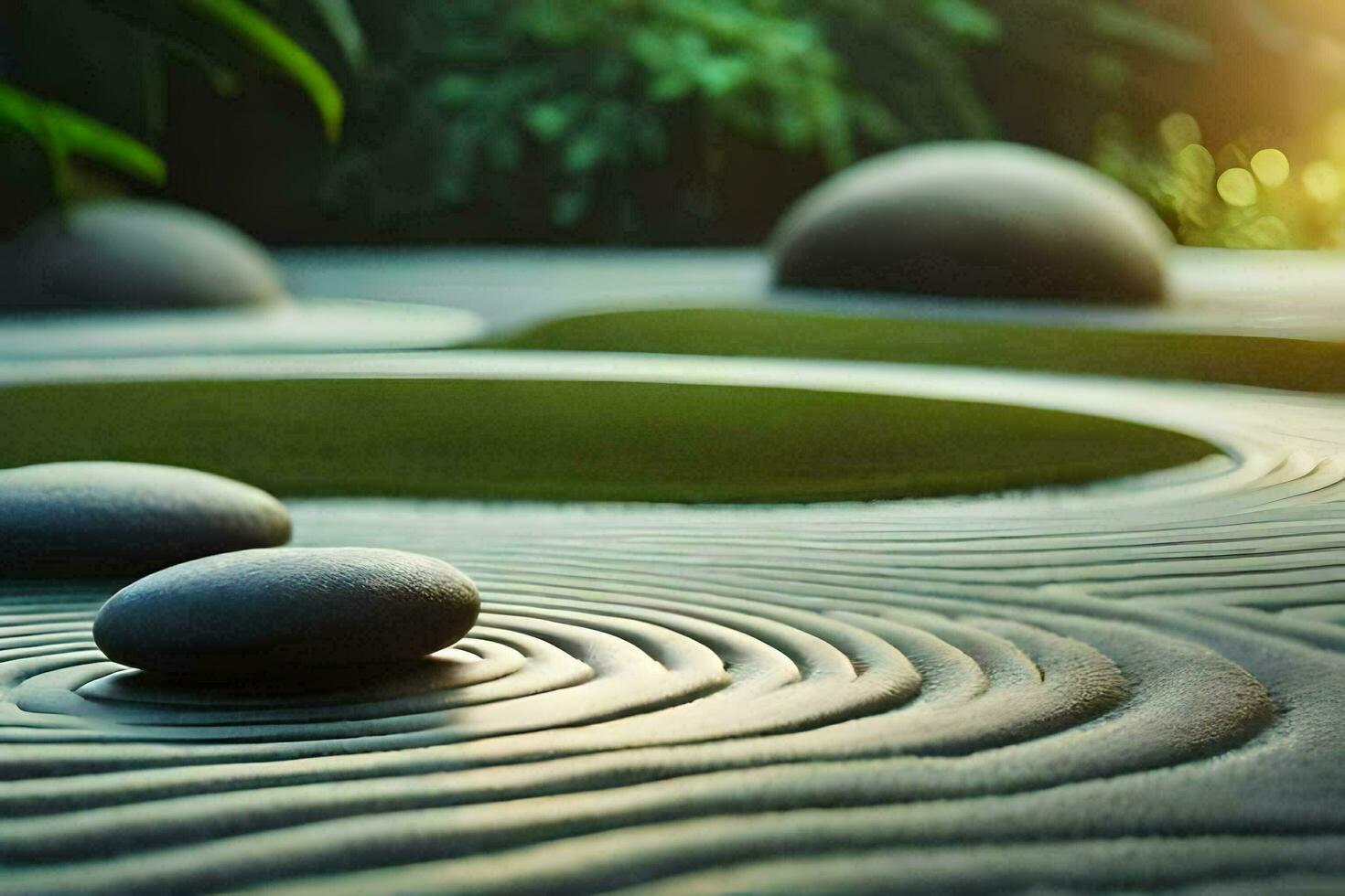 un' zen giardino con pietre e erba. ai-generato foto