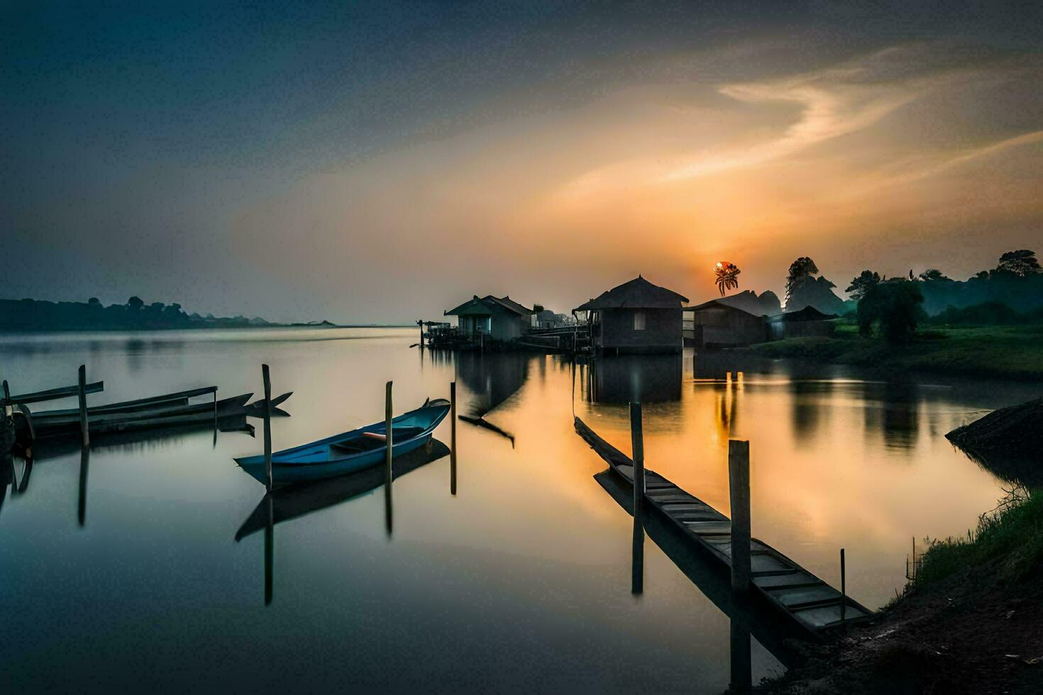 un' barca si siede su il acqua a tramonto. ai-generato foto