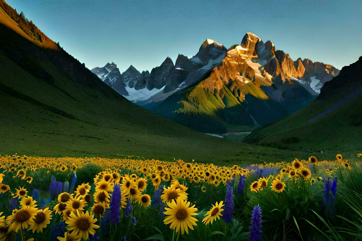 il girasoli siamo fioritura nel il montagne. ai-generato foto