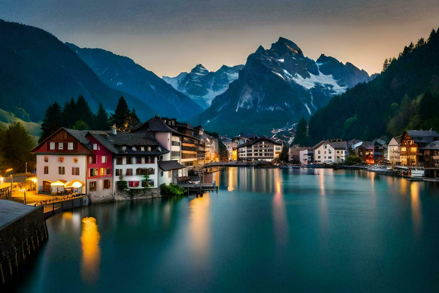 il cittadina di altenburg nel il Alpi a crepuscolo. ai-generato foto