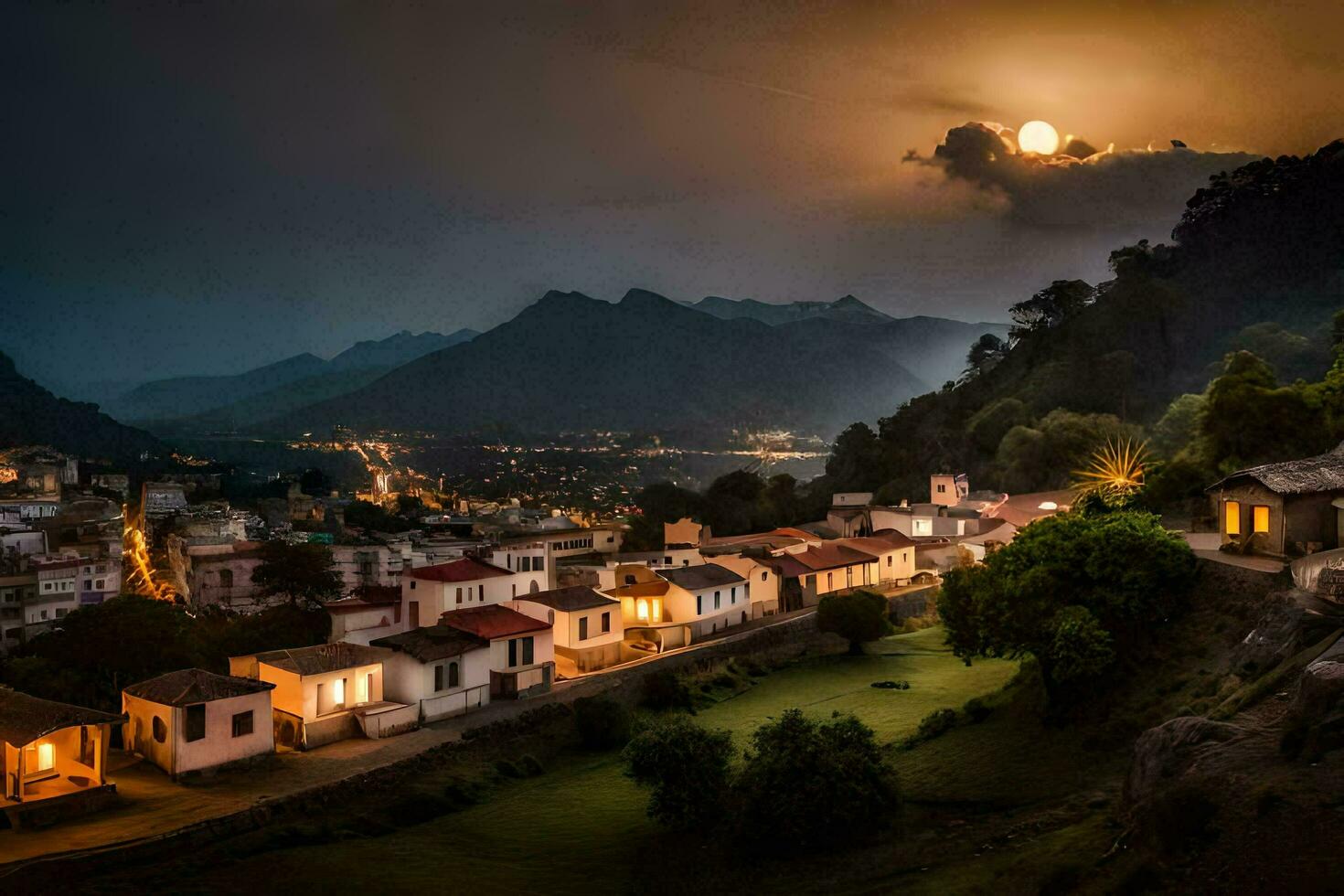 foto sfondo il cielo, montagne, notte, il Luna, il villaggio, il villaggio, il. ai-generato