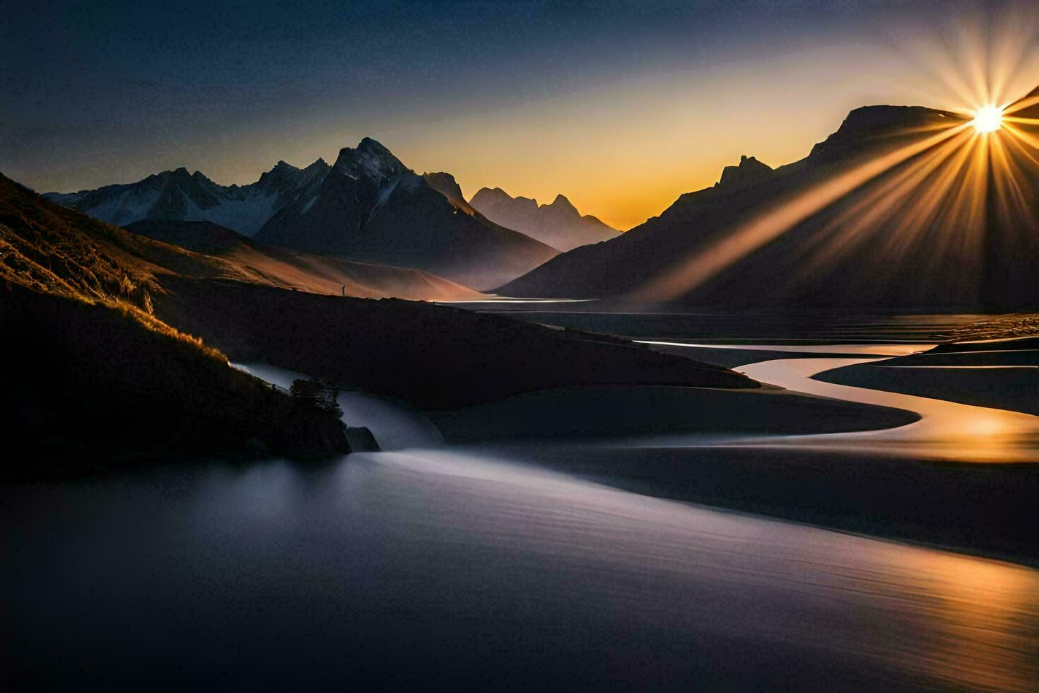 il sole brilla al di sopra di un' fiume e montagne. ai-generato foto